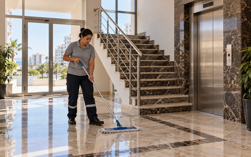 Apartman giriş holünün zeminini temizleyen görevli