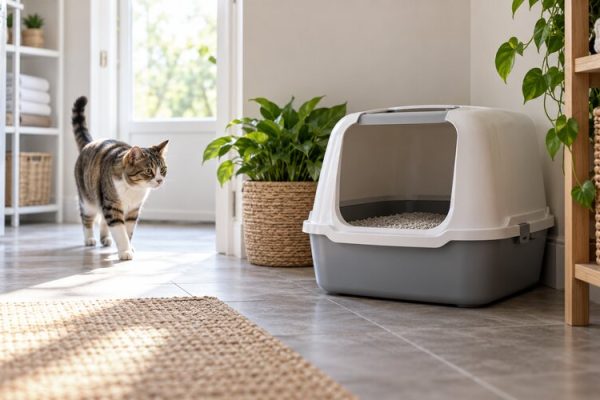 Sessiz bir köşeye yerleştirilmiş kedi kum kabı