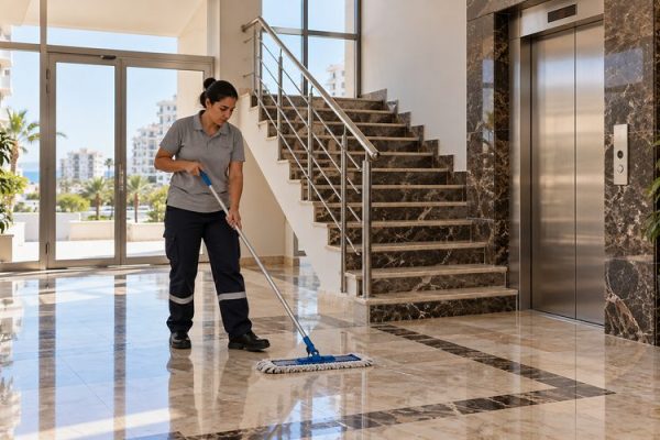 Apartman giriş holünün zeminini temizleyen görevli