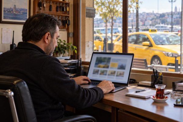 Taksi durağı ofisinde dizüstü bilgisayarla çalışan işletme yetkilisi